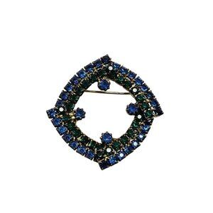 Vintage Blue Green Rhinestone Abstract Brooch Pin